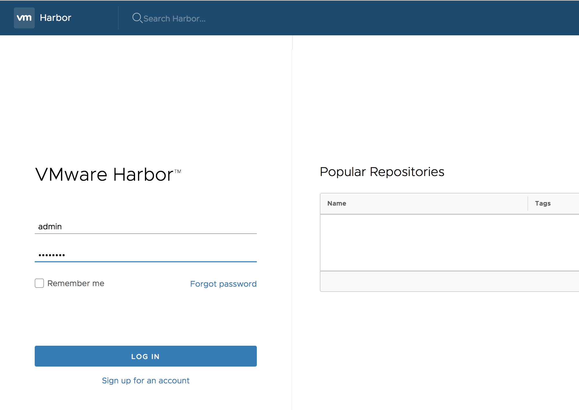 Screenshot of login harbor