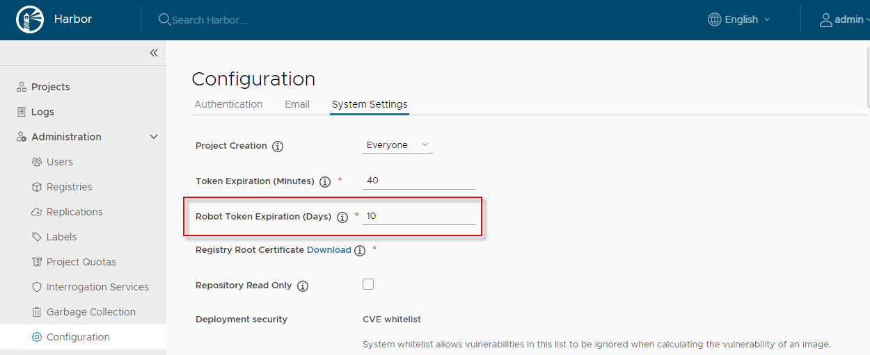 Set robot account token expiry