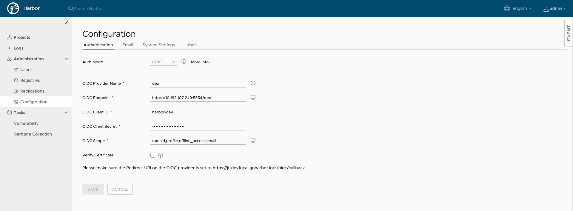 OIDC settings